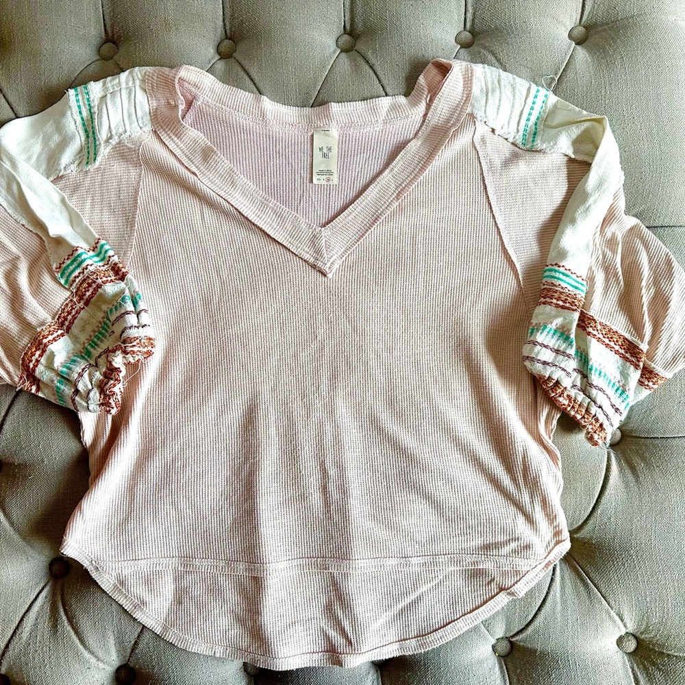 Free People We the Free Women's Pink V-Neck Waffle Top with Patterned Sleeves